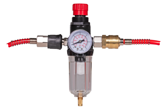 Compressor reducer with air dryer. Isolated background.