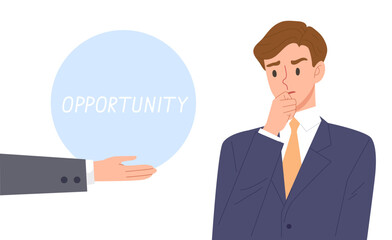 Young business man thinking with hand offer a big opportunity. Concept of business decision, job offer, career path. Flat vector illustration character isolated from background.