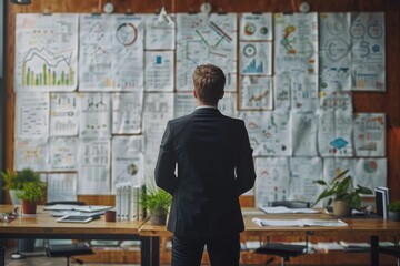 Focused businessman in a spacious office room, attentively observing a white board full of business strategies, marketing plans, and financial data