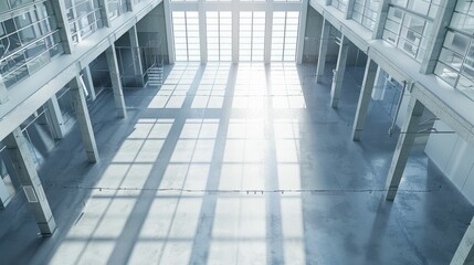 Obraz premium Sunlit Empty Industrial Hall with Large Windows. Generative ai.