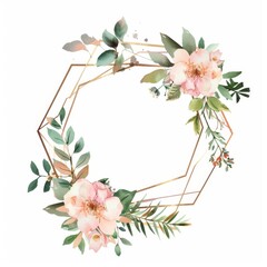 Watercolor gold hexagon frame with pastel pink and green flowers 