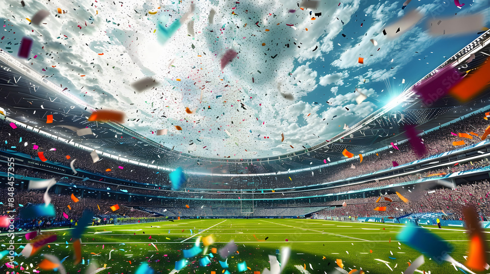 Poster A sports stadium filled with confetti falling on the green field, under a bright sky with a cheering crowd