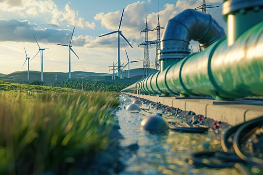 A long pipeline with many wind turbines along it