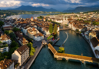 Lucerne city's Old town on dramatic sunset, Switzerland
