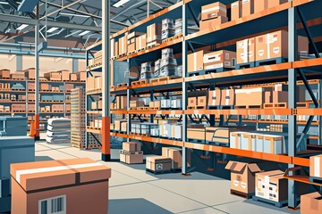 A warehouse with many boxes on the shelves