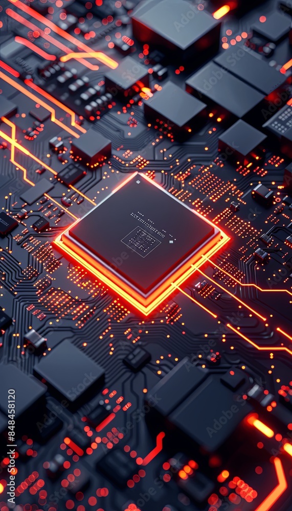 Poster a close-up view of a modern microprocessor on a motherboard, surrounded by intricate data streams an