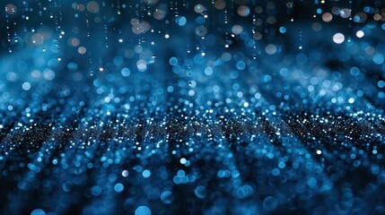 Shiny blue glitter rain draping down on black background, sparkling particles celebration background, for party, poster, greeting card, Christmas and award event. Generative AI