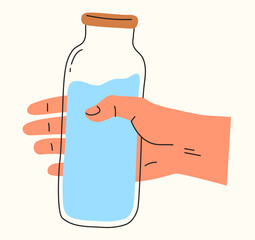 Flat vector illustration of hand holding water bottle isolated from background. Drinking water. Concept of hydration, health, refreshment.