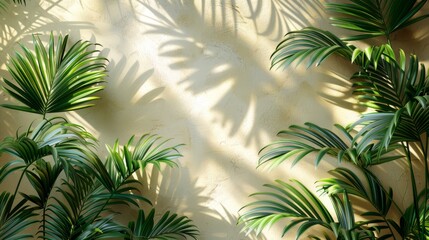 Beautiful palm leaves create elegant shadows on a beige wall, casting a serene ambiance with a touch of natures beauty