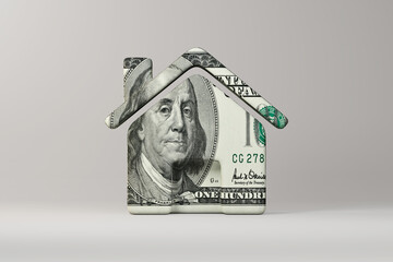 House symbol wrapped in $100 bill on neutral background with copy space. Mortgage, home value, investment concept. 3D illustration.
