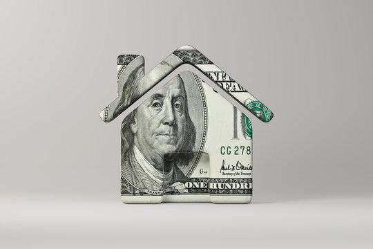 House symbol wrapped in $100 bill on neutral background with copy space. Mortgage, home value, investment concept. 3D illustration.
