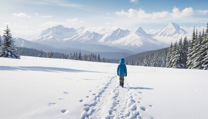 Watercolor painting depicts a solitary figure strolling through a snowy wintery landscape