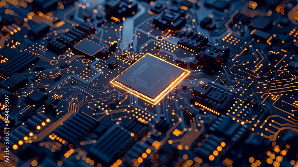 Aufkleber A close-up shot of a modern microprocessor on a circuit board with intricate digital data streams and glowing light effects, symbolizing the processing power of AI. Generative AI