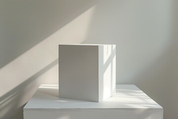 Minimalist white cube in abstract art on white pedestal with sunlight and shadows, showcasing simplicity and modern design.