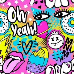 Abstract seamless pattern with graffiti words stickers on retro style. Cool colorful background. Wallpaper for teen girl