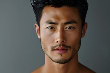 Obraz premium Confident Asian Man with Strong Jawline Close-Up