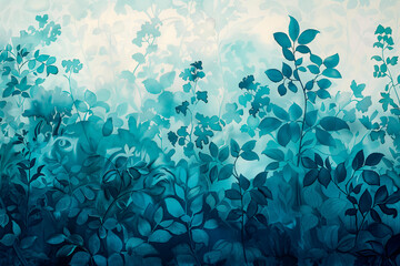Illustration of lush botanical elements overlay gentle gradient from deep cerulean to soft mint creating natural atmosphere.