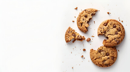 homemade chocolate chips cookies on white background in top view space for text