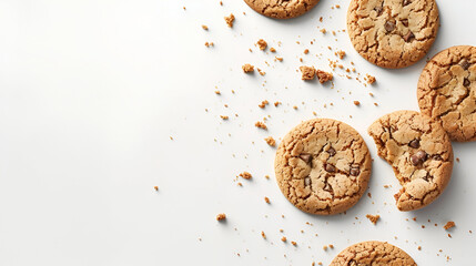 homemade chocolate chips cookies on white background in top view space for text