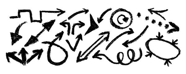 Hand drawn charcoal arrows set isolated on white background. Doodle vector ink illustration. Black arrows pointing in different directions. Grunge brush strokes.