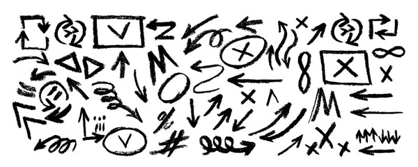 Doodle collection with  charcoal arrows and different geometric shapes .   Hand-drawn by brush. Straight, round, thick, thin, spiral signs and icons.Vector crayon lines.