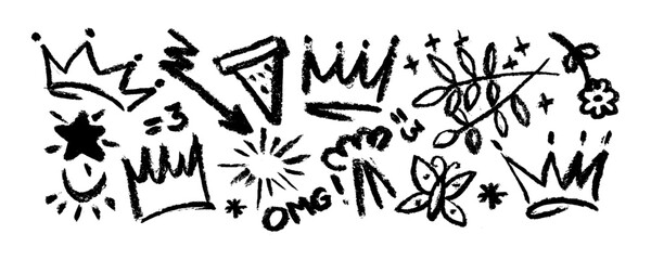 Collection of brush drawn symbols:  crowns, arrows, crosses, butterfly, star, flower,  swirls and dots with dry brush texture. Exclamation and question marks. Bold graffiti style shapes. 