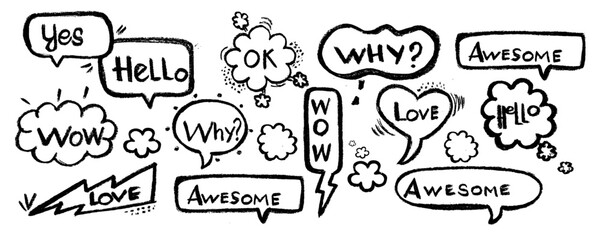 Line simple balloon frame with text title. Line decoration simple speech bubble set with comic cloud, balloon, arrow element. Hand drawn doodle sketch style. Vector illustration.