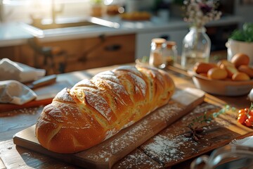 Freshly baked bread loaf on a wooden cutting board in a cozy kitchen setting with sunlit details and kitchen utensils around.