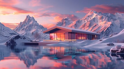 A wooden cabin nestled amidst snow-capped mountains, with a pink sunset reflecting in the frozen lake