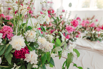bouquets and arrangements of white and pink flowers