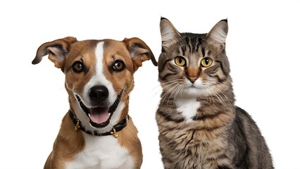 Obraz premium Dog and cat companionship, depicted in a happy portrait together and staring at the camera against a clear background