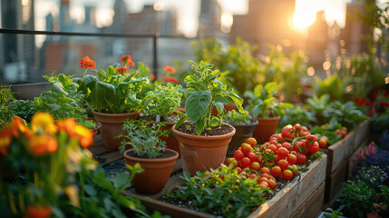 An urban rooftop garden with a variety of vegetables and herbs, showcasing urban farming and green living