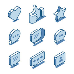 isometric vector set of linear icons of messages and likes, in color on a white background, chat or social network