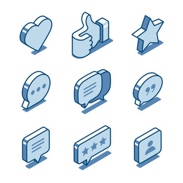 isometric vector set of linear icons of messages and likes, in color on a white background, chat or social network
