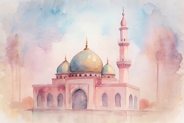 Obraz premium Islamic Mosque facade watercolor illustration.