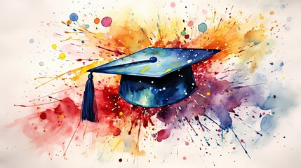 graduation cap and watercolor splashes, illustration