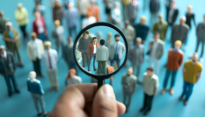 Businessman is studying a crowd of people with a magnifying glass. Hr search candidates for work, staff recruiting