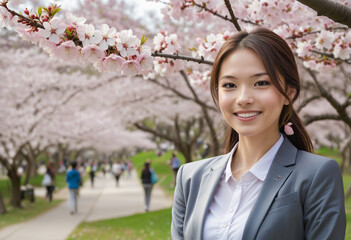 Portrait of a young female college student in a business suit under cherry blossom trees in full bloom on a sunny spring day