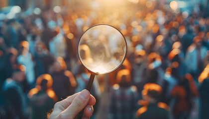 Businessman is studying a crowd of people with a magnifying glass. Hr search candidates for work, staff recruiting