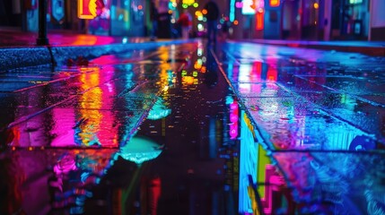 Fototapeta premium Vibrant spectrum of neon lights reflecting on wet pavement