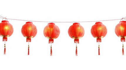 String of Chinese red lanterns isolated on white background, Chinese new year celebration banner border. Generative AI