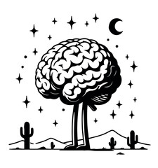 Atomic Brains walking under stars _ symple  black and white illustration