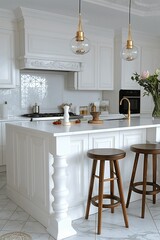 Sophisticated white kitchen with an island, blending modern and classic design elements. Perfect for home interior and kitchen design themes.