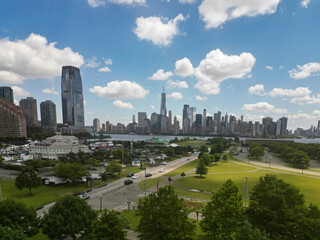 NYC aerial view. New York City skyline. Park and cityscape of Manhattan in USA. New York City NYC Manhattan Downtown Skyline, from Jersey City USA.