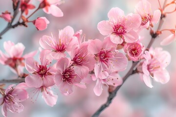 Close-up of delicate pink cherry blossoms in full bloom on a branch, creating a serene and beautiful springtime scene.