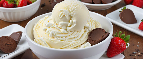 Variety of delectable homemade ice cream scoops in chocolate, vanilla, and strawberry flavors, creatively decorated with sprinkles and toppings, displayed in a white bowl on a transparent background