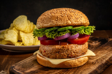 View of fresh tasty burger on wooden rustic table. Food background.