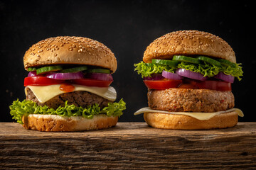 Two fresh tasty burgers on wooden rustic table. Food background.