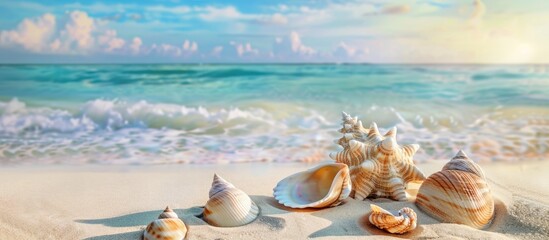 Sea shells on sandy beach: Stunning ocean view for travel agency promotion or postcard landscape