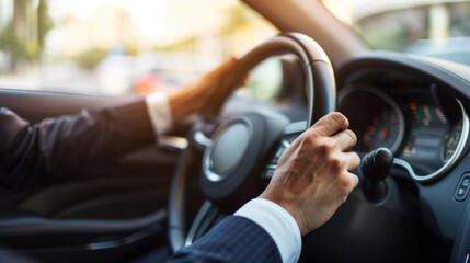 close up of hands of a businessman driving her car, modern successful transportation